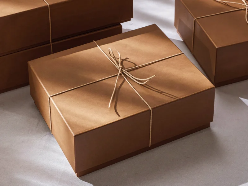 Gestapelte Geschenkboxen in Kraft- und Tonfarben mit Naturgarn auf Leinentuch