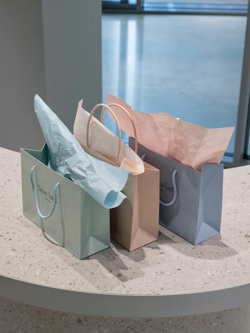 Drei unbedruckte Papiertüten mit Seidenpapier in Pastelltönen auf heller Steinplatte