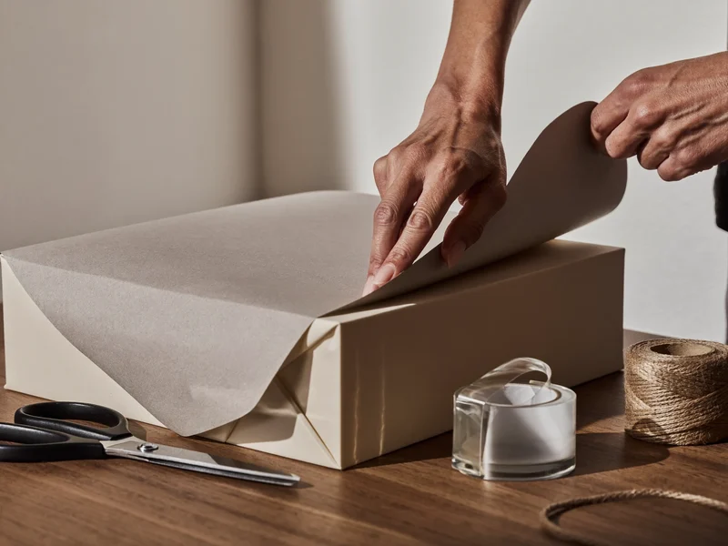 Hände falten Geschenkpapier um eine schlichte Box, Schere und Garn griffbereit