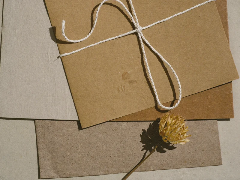 Nahaufnahme von Kraft-, Leinenprägungs- und Recyclingpapier mit Garn und Trockenblume