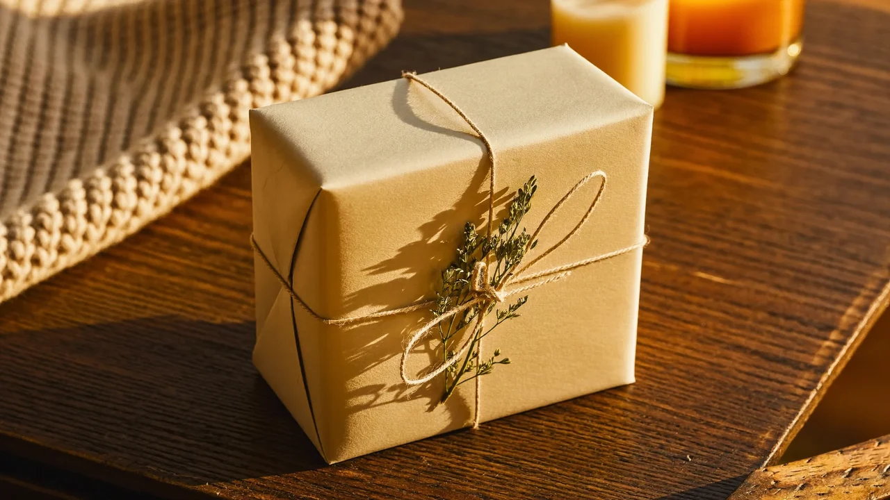 Fertig verpacktes Geschenk mit Garn und Grün neben Kerze und Strickstoff